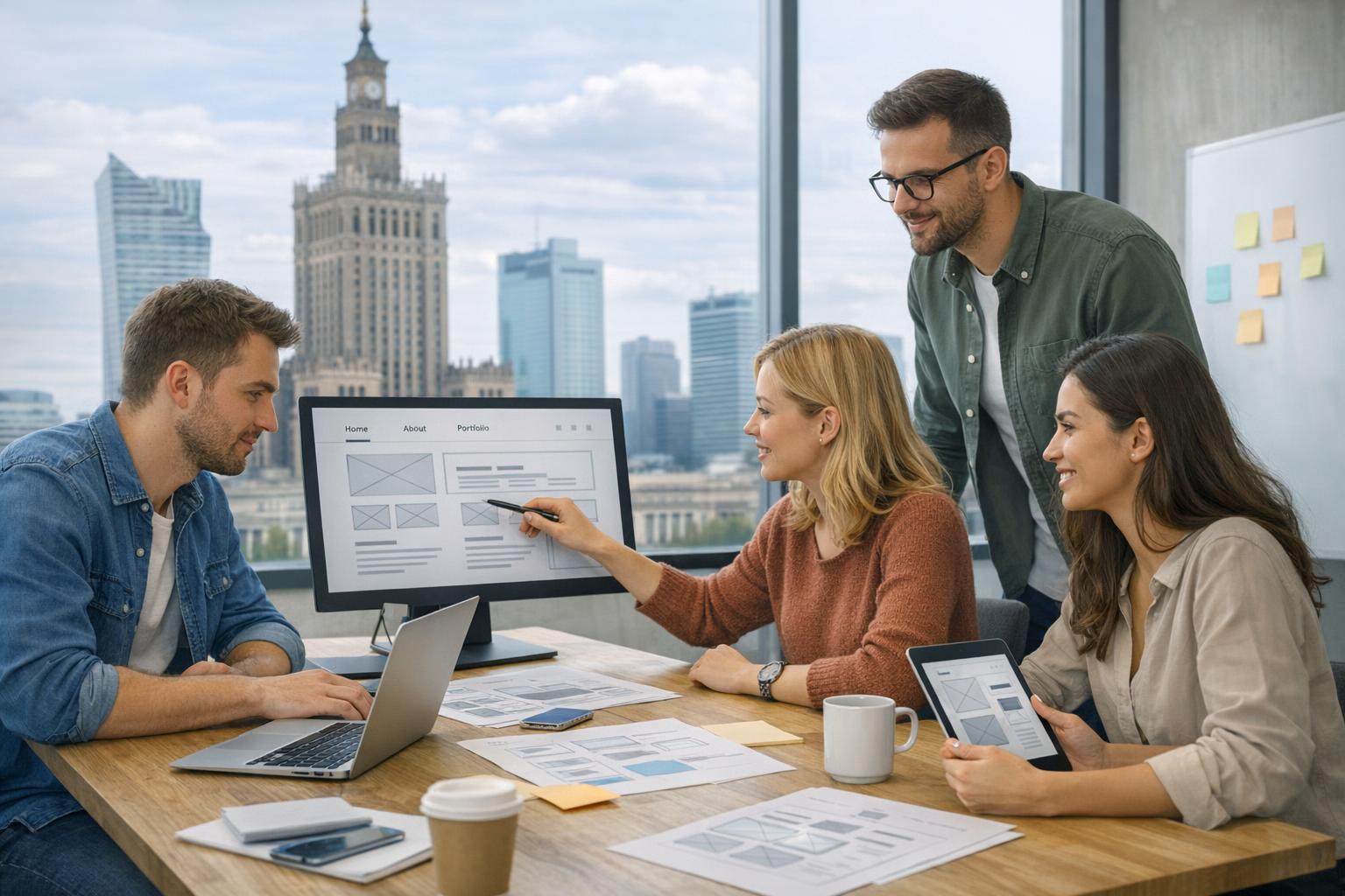 Zespół pracujący nad projektem strony w biurze w Warszawie